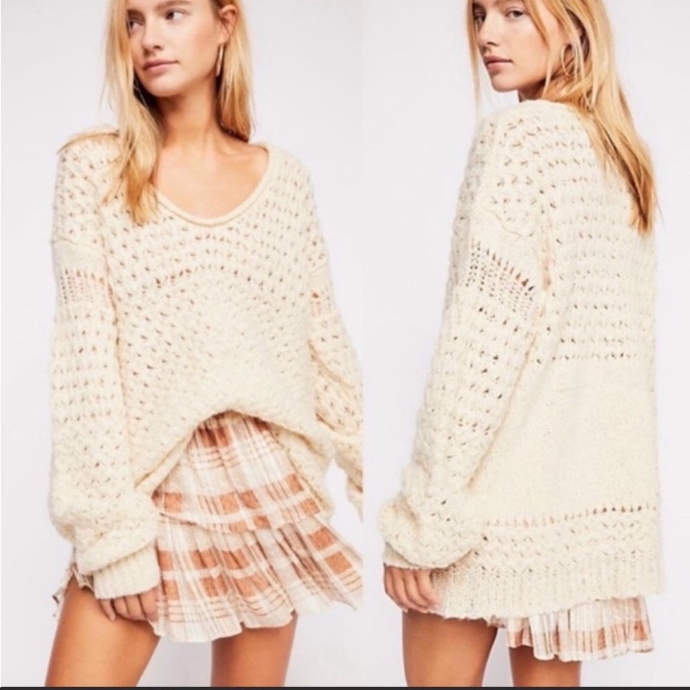 Free People Crashing Waves Ivory Chunky Knit Scoop Neck Tunic Sweater